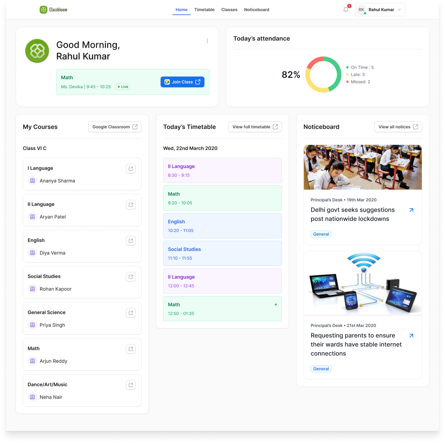 Classbloom – Student Dashboard