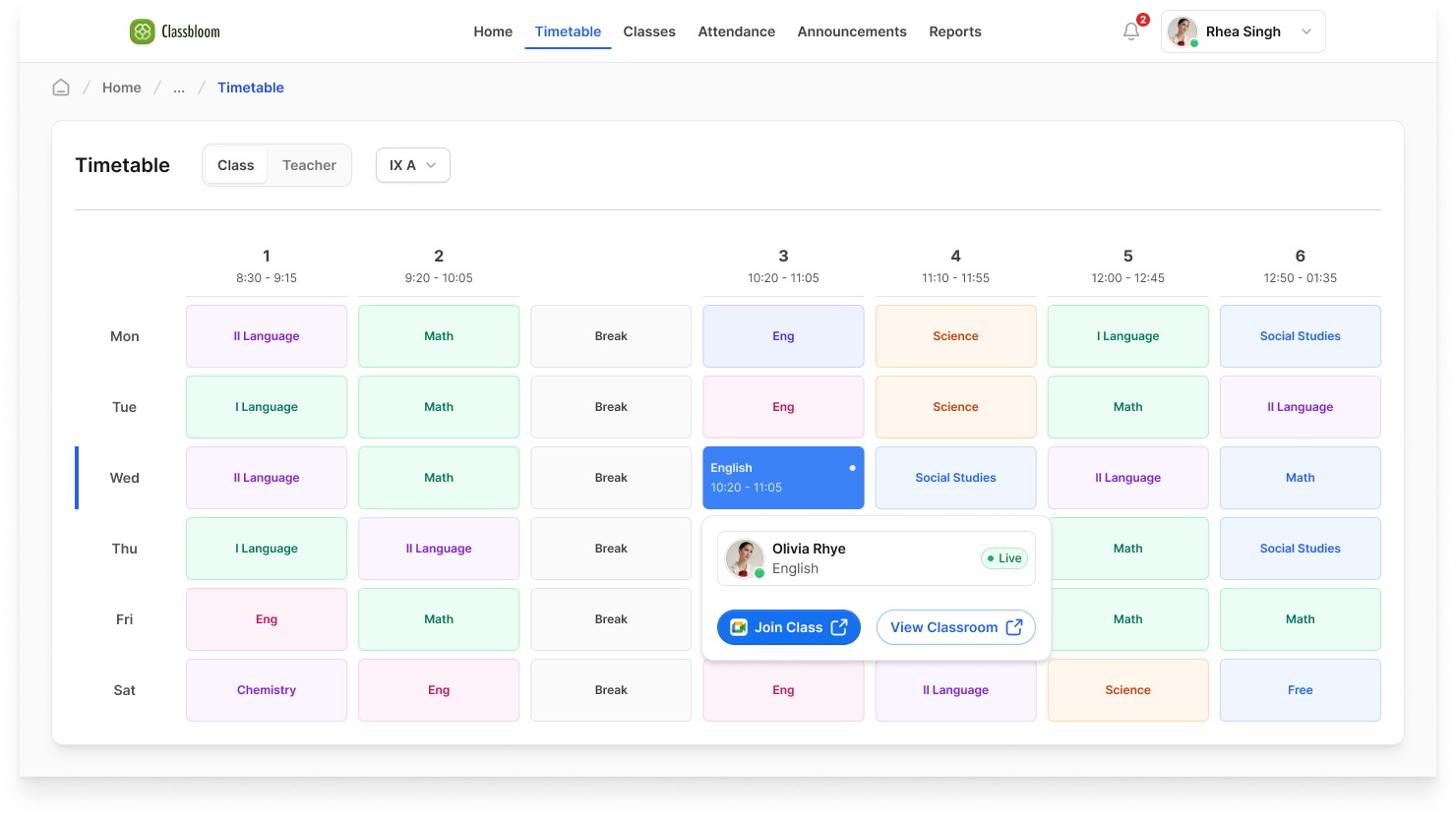 Classbloom – Timetable